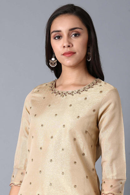 Gold Round Neck Embroidered kurta - wforwoman