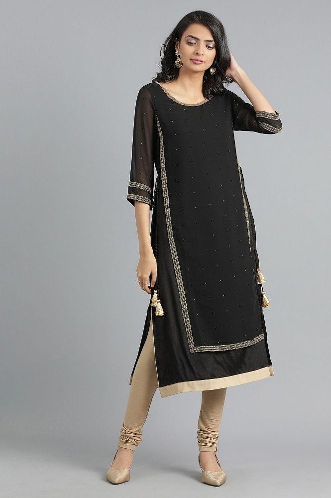 Black Round Neck Layered kurta - wforwoman