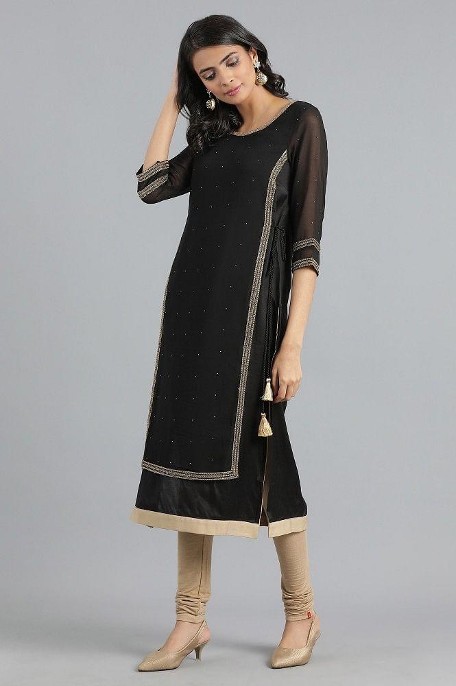 Black Round Neck Layered kurta - wforwoman