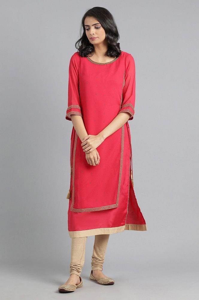 Pink Round Neck Layered kurta - wforwoman