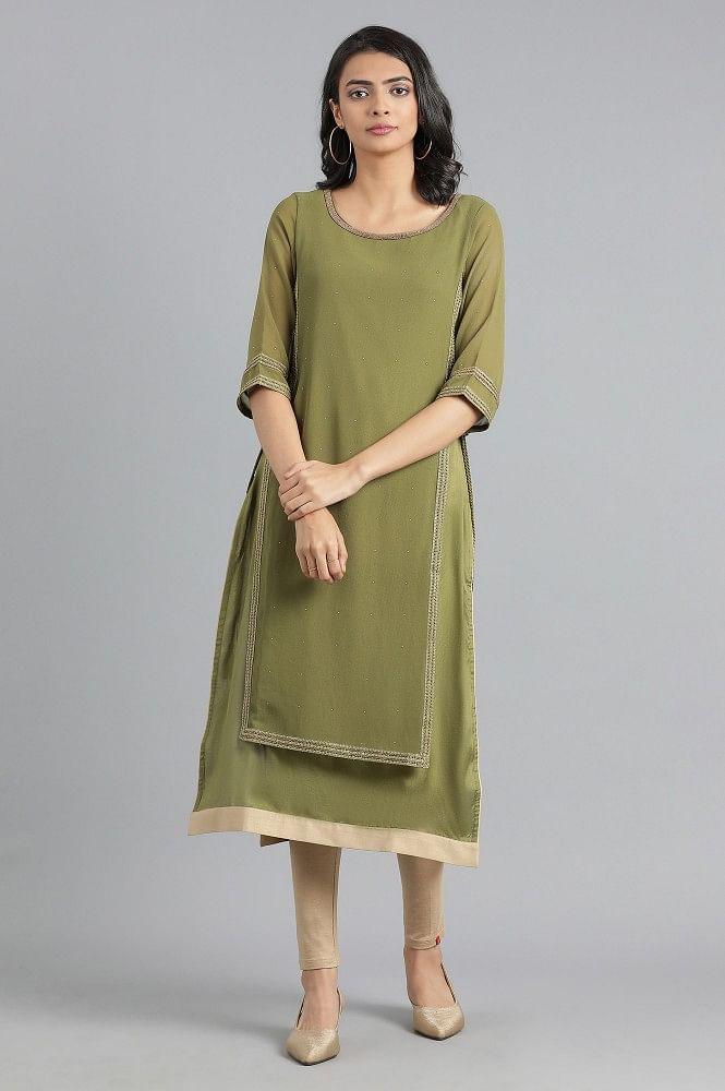 Green Round Neck Layered kurta - wforwoman