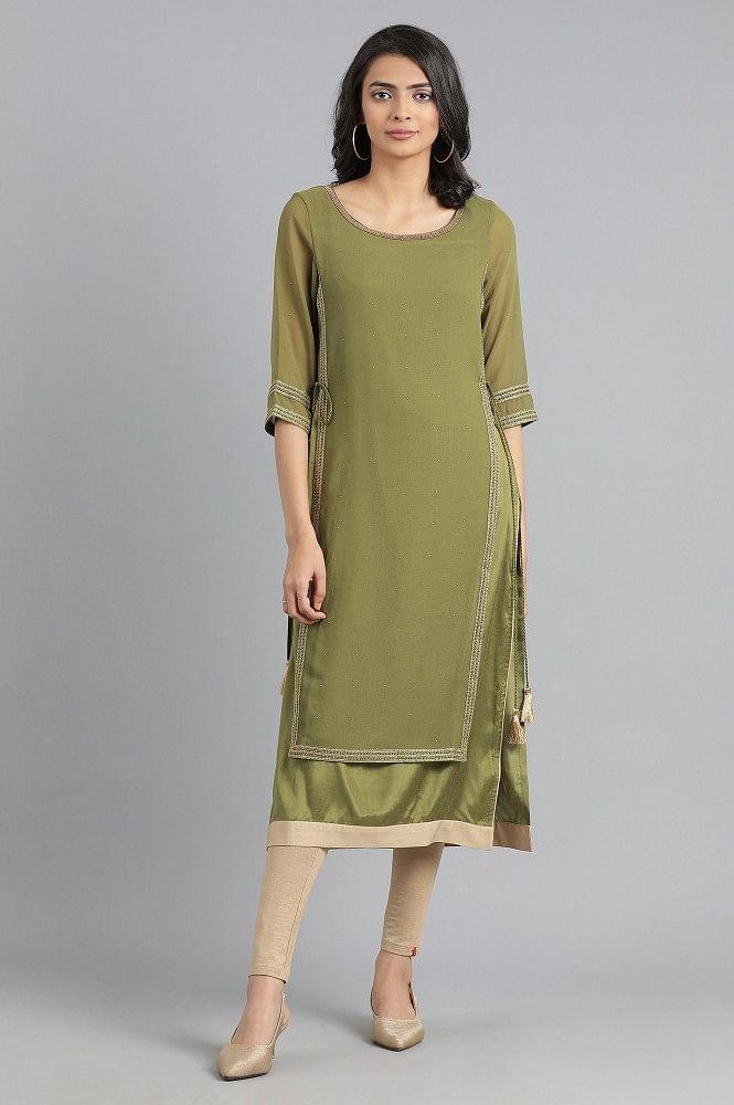 Green Round Neck Layered kurta - wforwoman