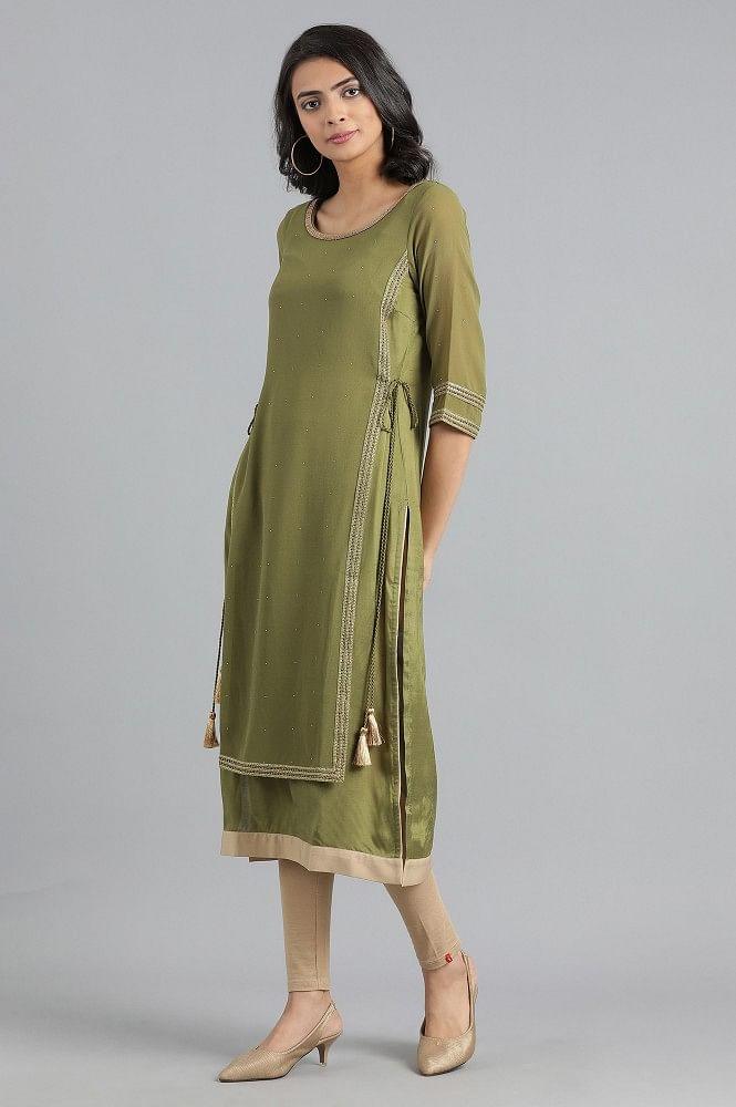 Green Round Neck Layered kurta - wforwoman