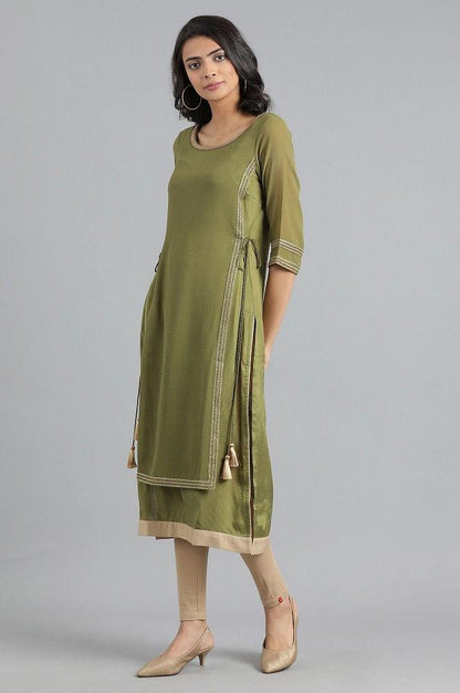 Green Round Neck Layered kurta - wforwoman