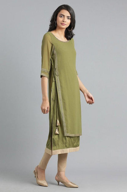 Green Round Neck Layered kurta - wforwoman