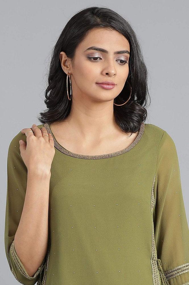 Green Round Neck Layered kurta - wforwoman