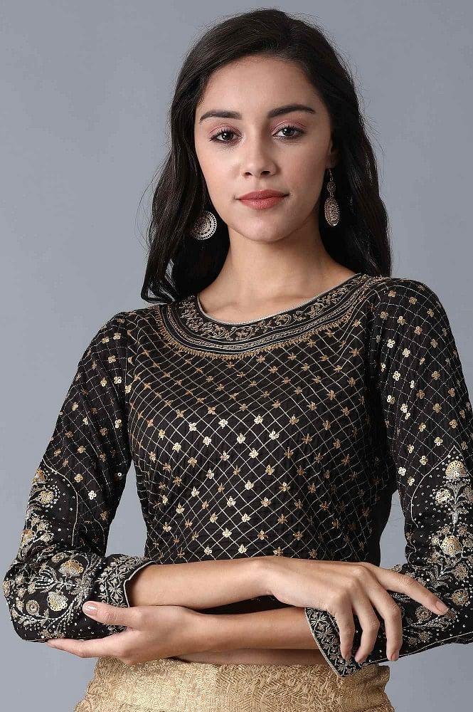 Black Round Neck Embroidered Top - wforwoman