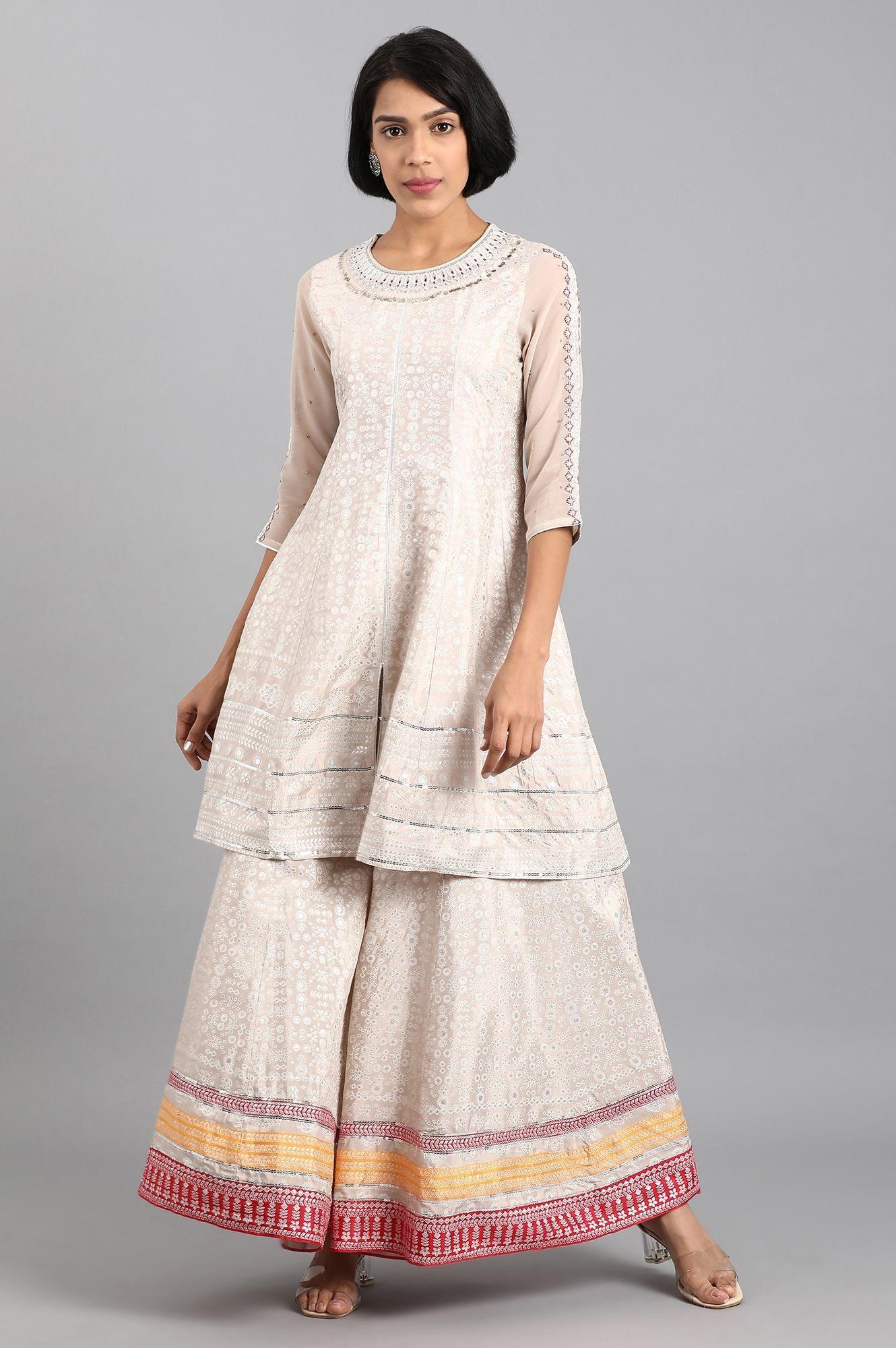 Beige Round Neck Printed kurta Set - wforwoman