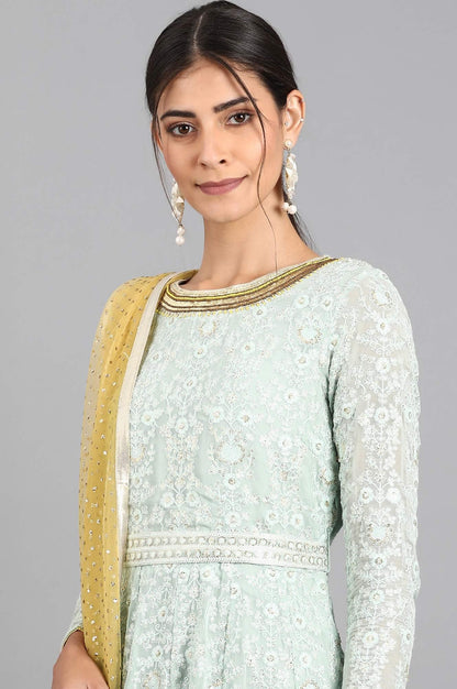 Sea Green Round Neck Embroidered Set - wforwoman