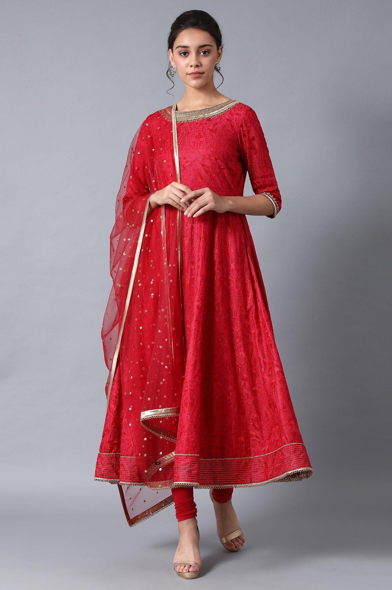 Red Round Neck kurta Set - wforwoman