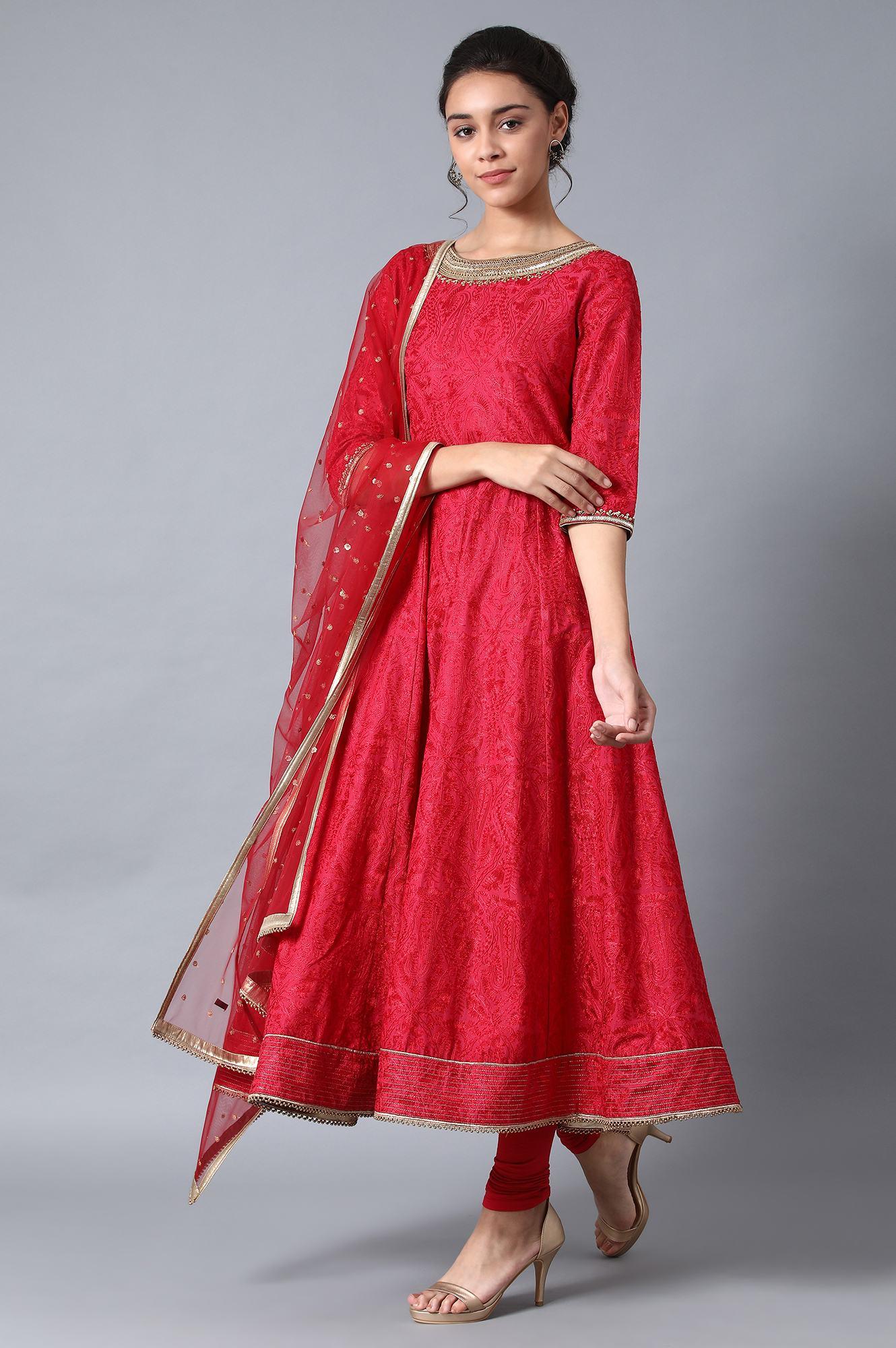 Red Round Neck kurta Set - wforwoman