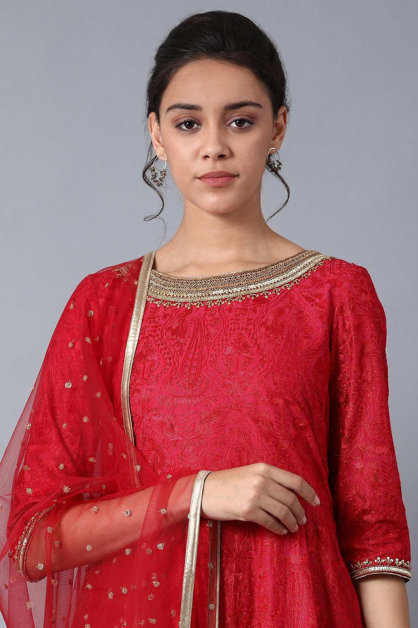 Red Round Neck kurta Set - wforwoman