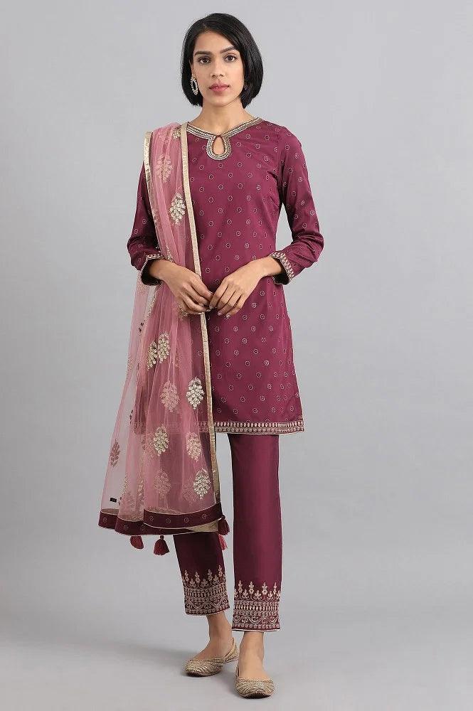 Wine Round Neck Embroidered kurta Set - wforwoman