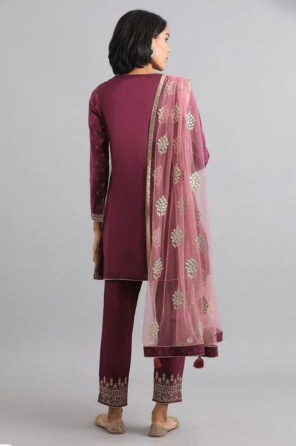 Wine Round Neck Embroidered kurta Set - wforwoman