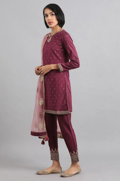 Wine Round Neck Embroidered kurta Set - wforwoman