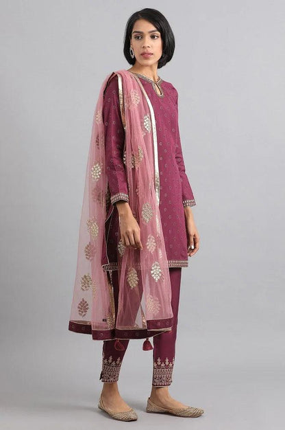 Wine Round Neck Embroidered kurta Set - wforwoman