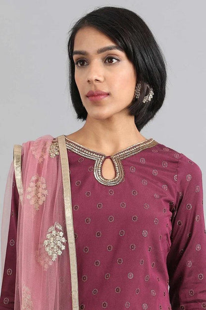 Wine Round Neck Embroidered kurta Set - wforwoman