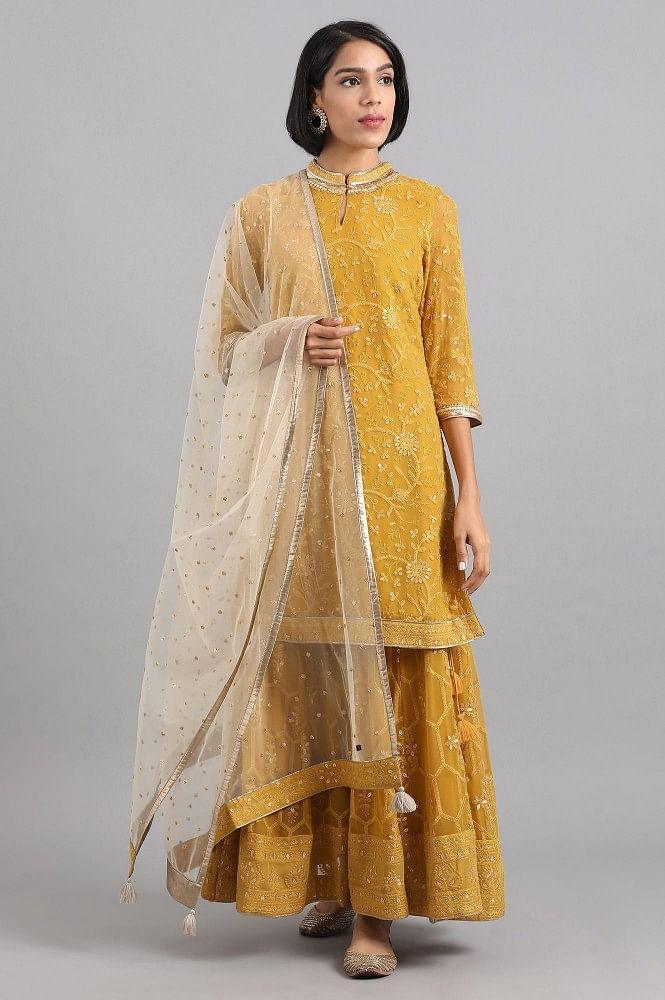 Yellow Mandarin Neck kurta Set - wforwoman