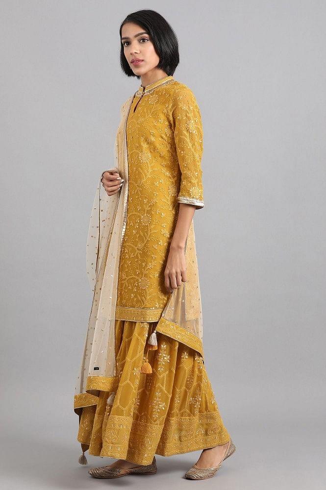 Yellow Mandarin Neck kurta Set - wforwoman