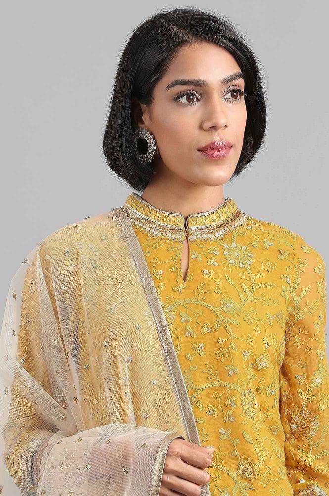 Yellow Mandarin Neck kurta Set - wforwoman