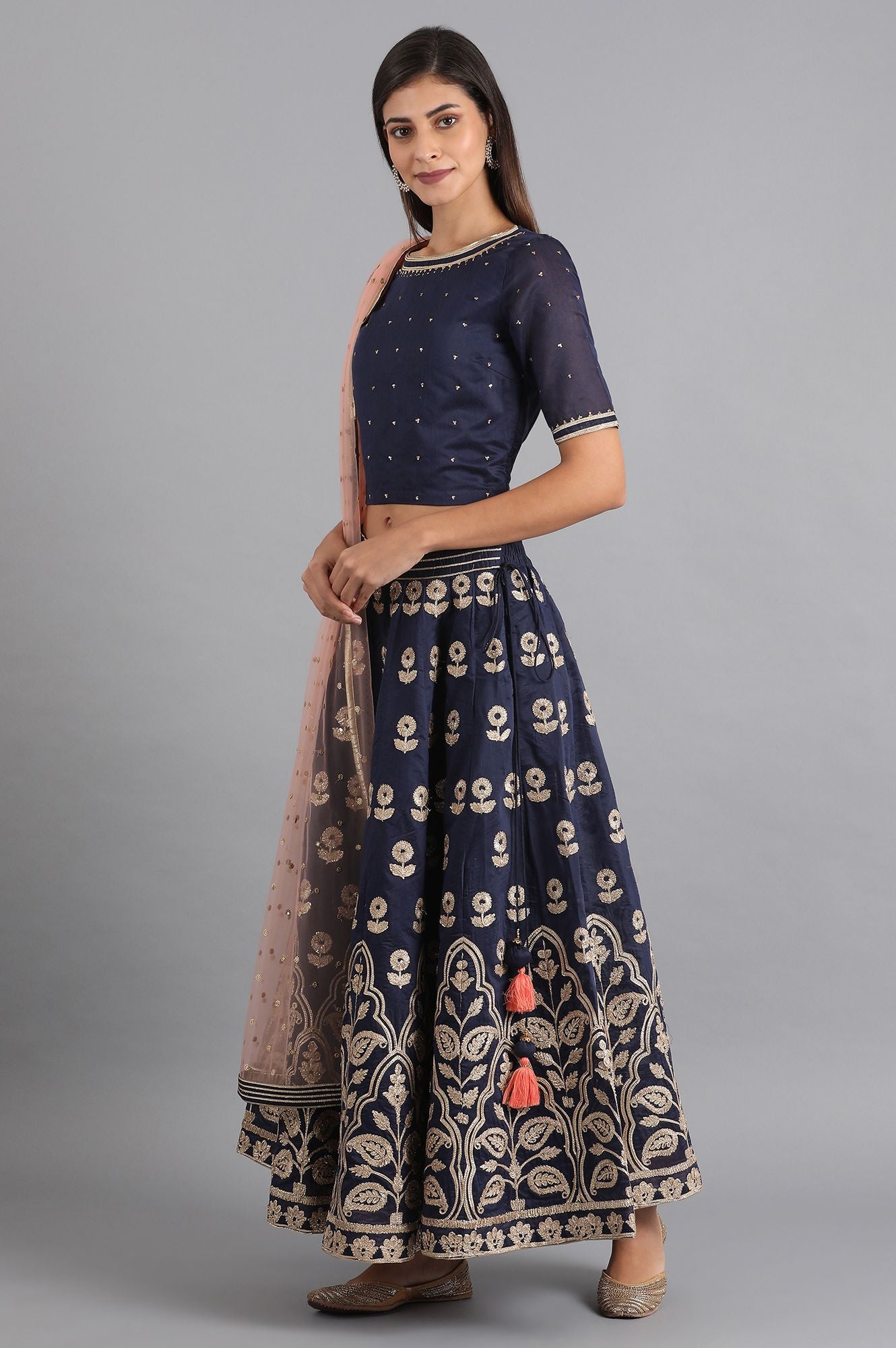 Blue Round Neck Embroidered Set