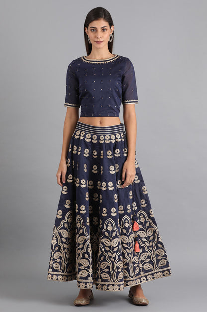 Blue Round Neck Embroidered Set