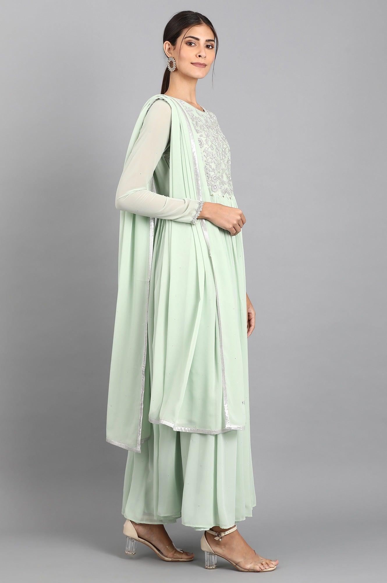 Green Round Neck Gathered Dress - wforwoman