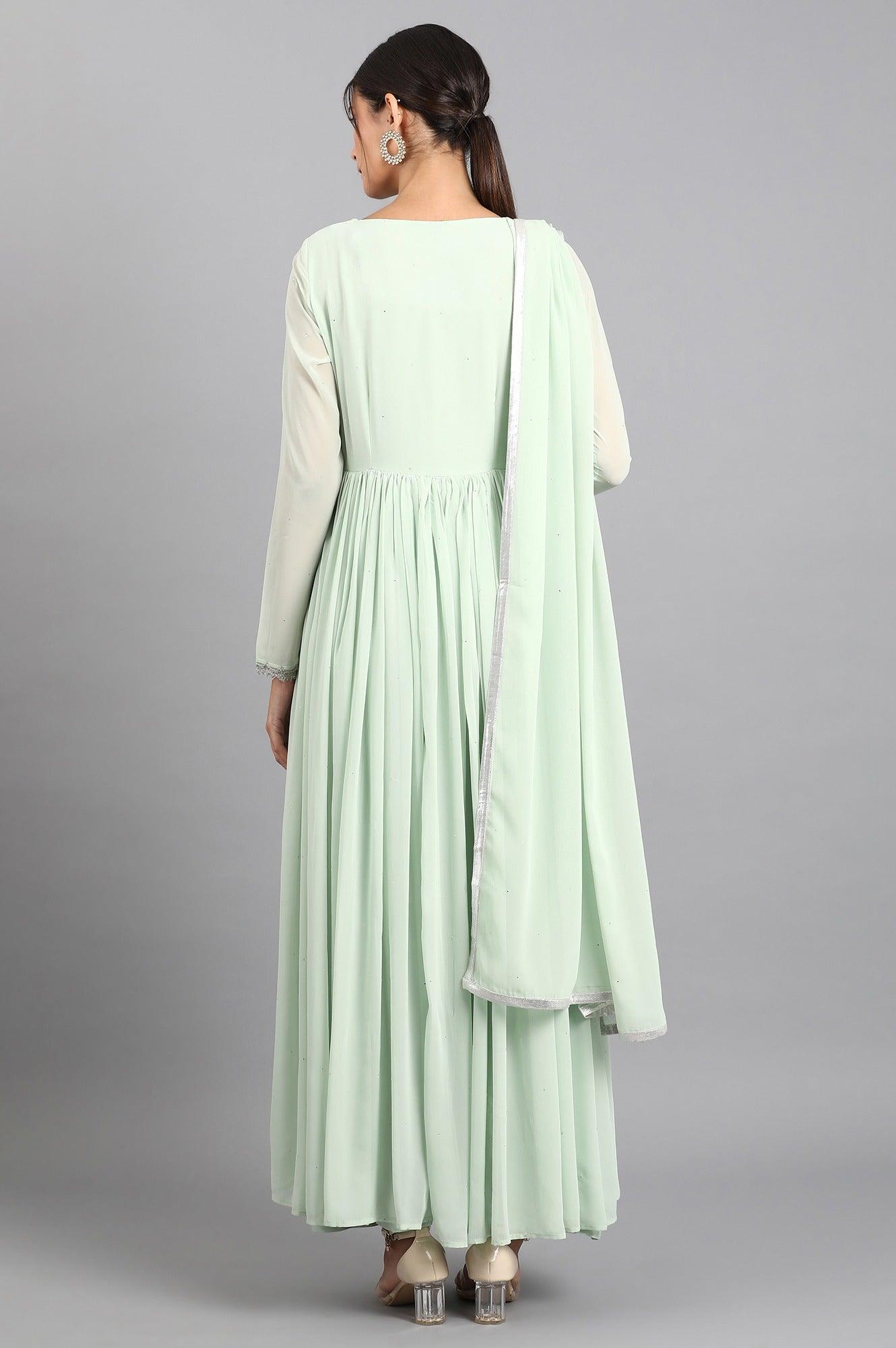 Green Round Neck Gathered Dress - wforwoman