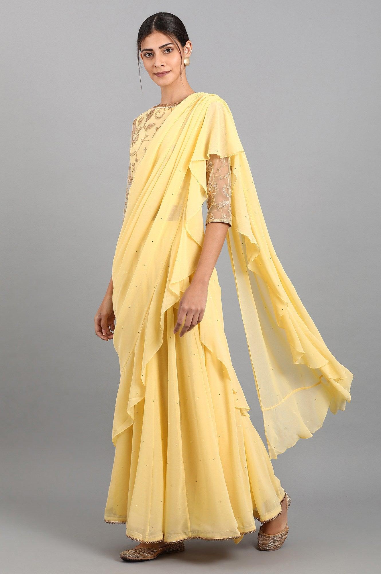 Yellow Round Neck Embroidered Set - wforwoman