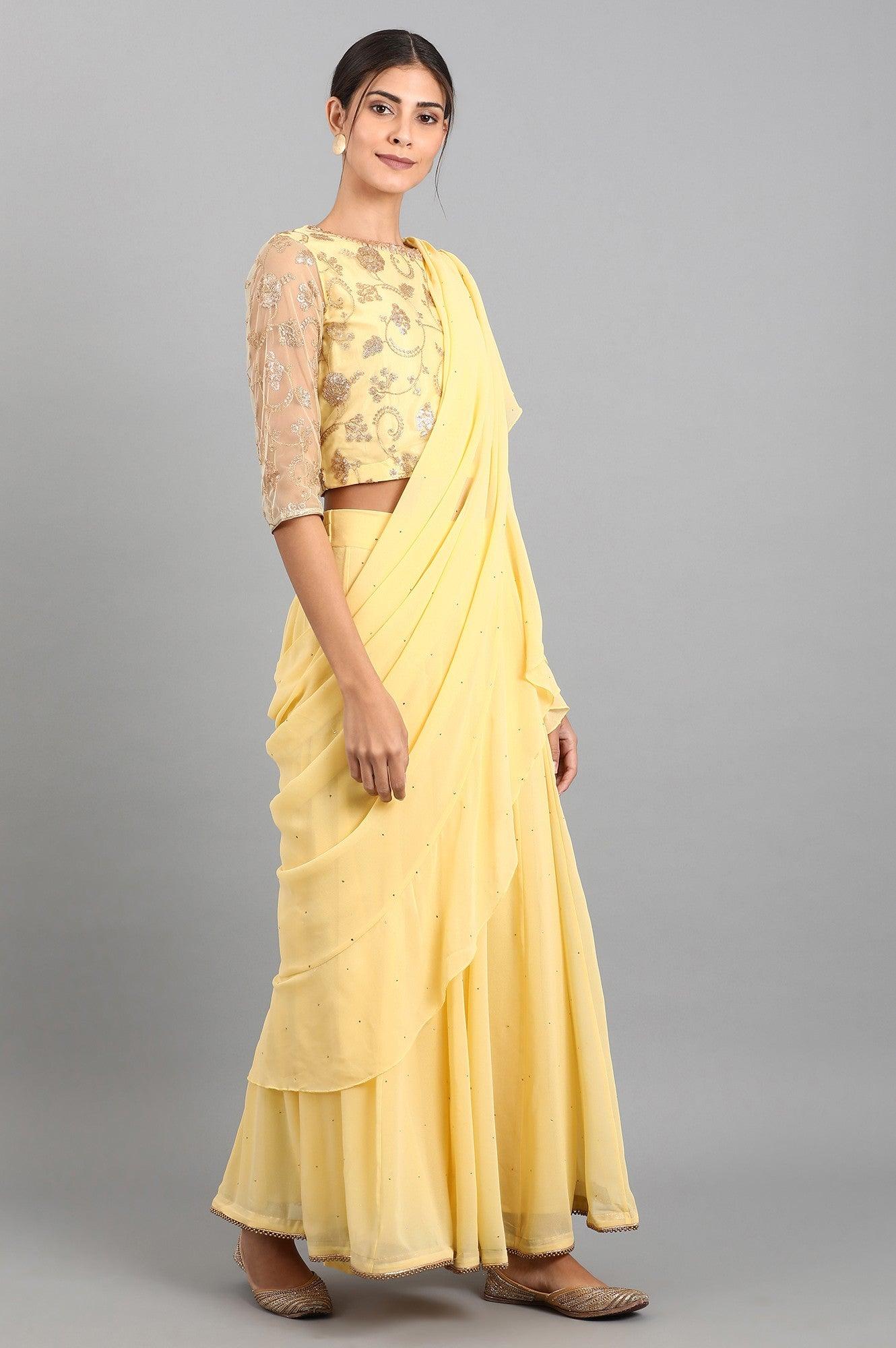 Yellow Round Neck Embroidered Set - wforwoman