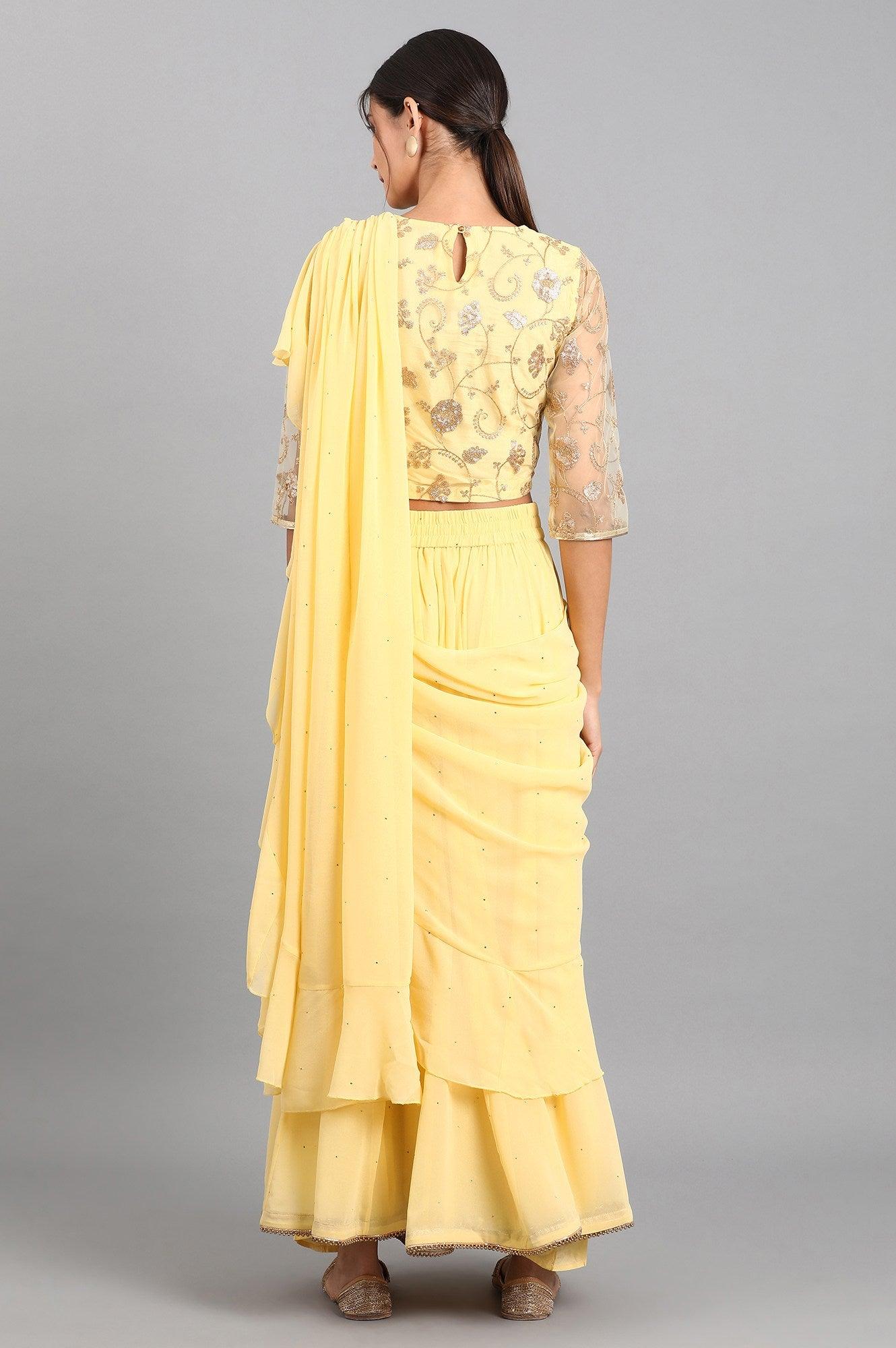 Yellow Round Neck Embroidered Set - wforwoman