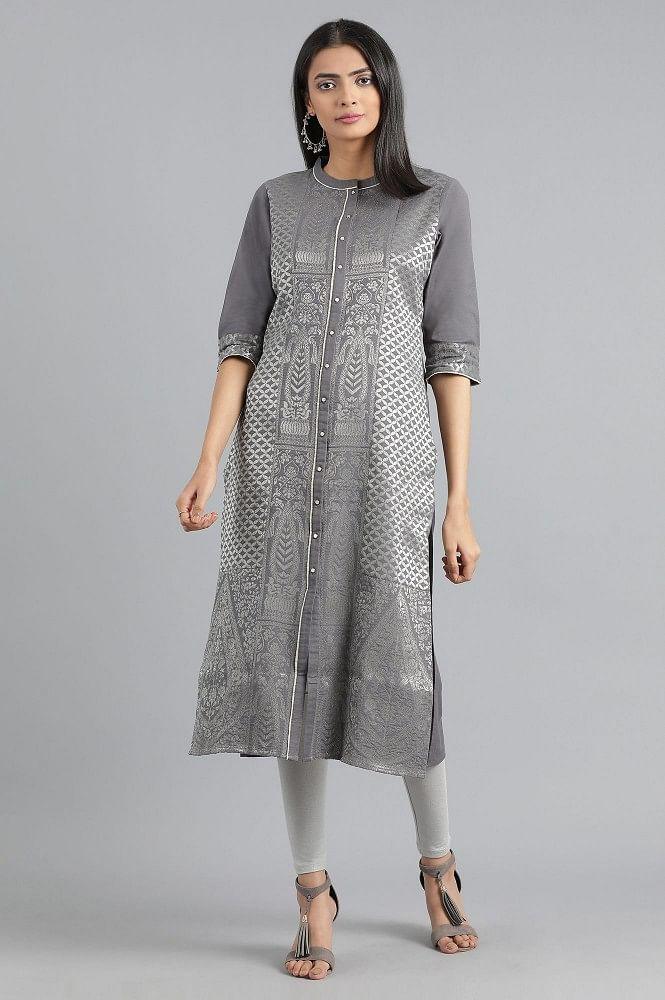 Grey Round Neck Printed Dress - wforwoman