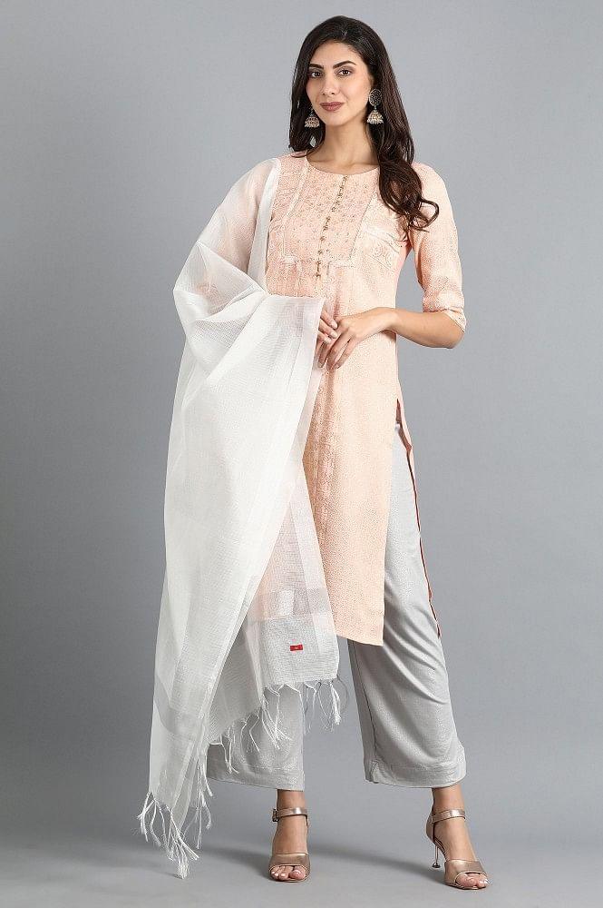 Peach Round Neck Printed kurta - wforwoman