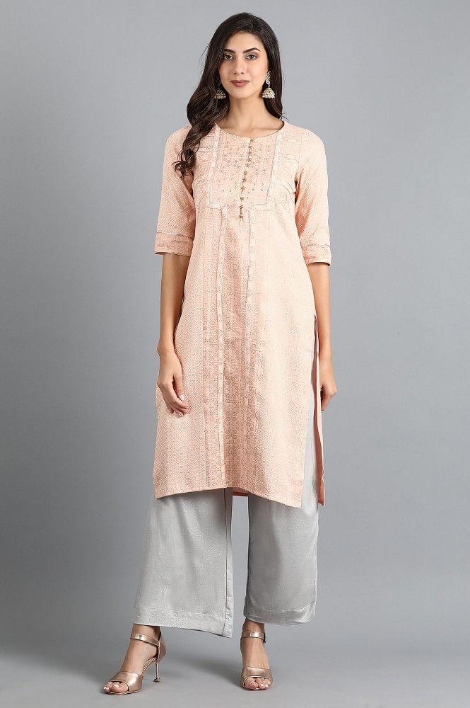 Peach Round Neck Printed kurta - wforwoman