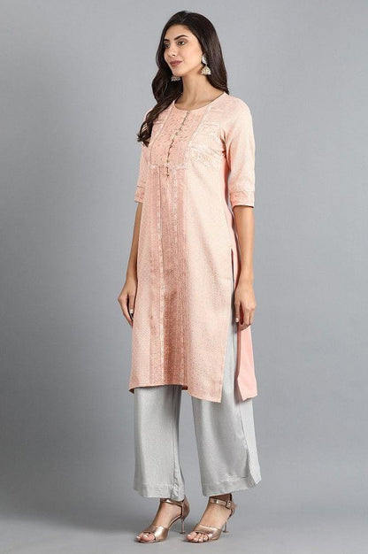 Peach Round Neck Printed kurta - wforwoman