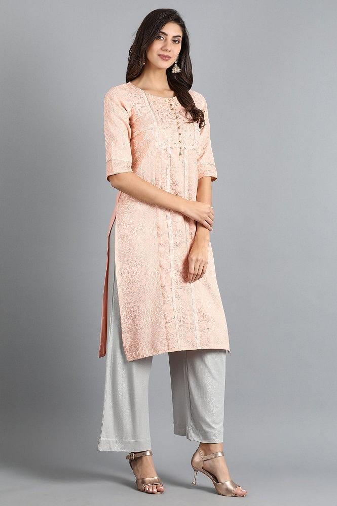 Peach Round Neck Printed kurta - wforwoman