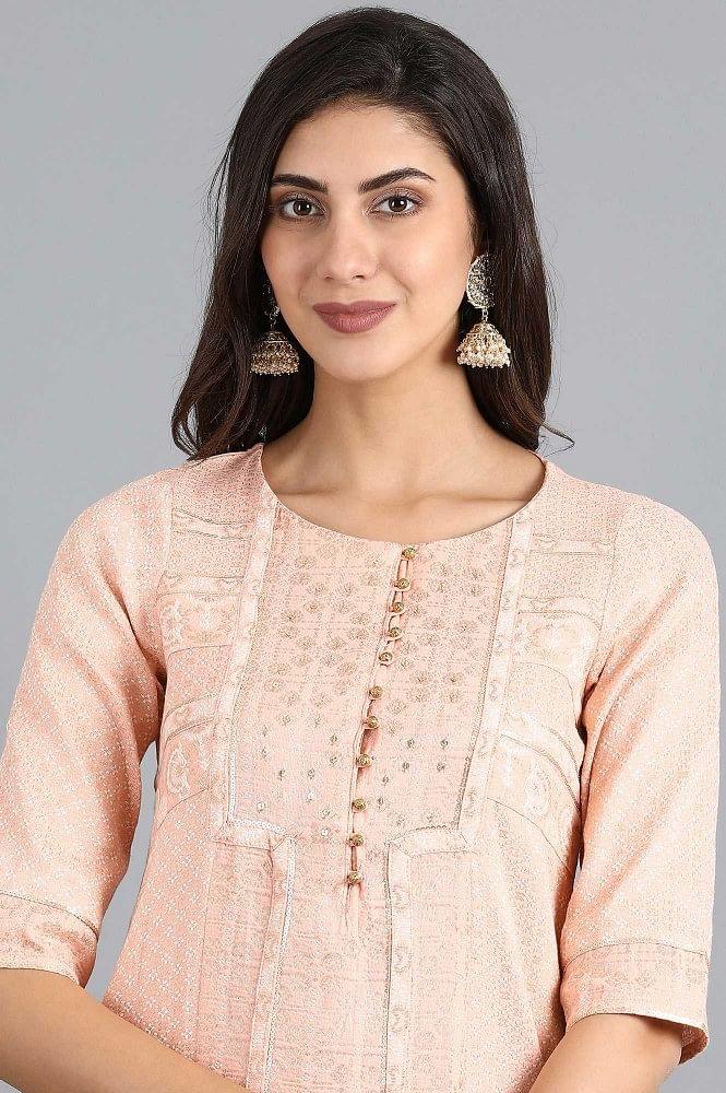 Peach Round Neck Printed kurta - wforwoman