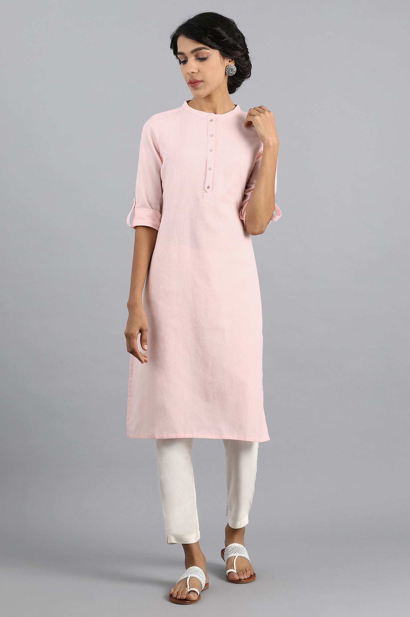 Pink Mandarin Neck Solid kurta