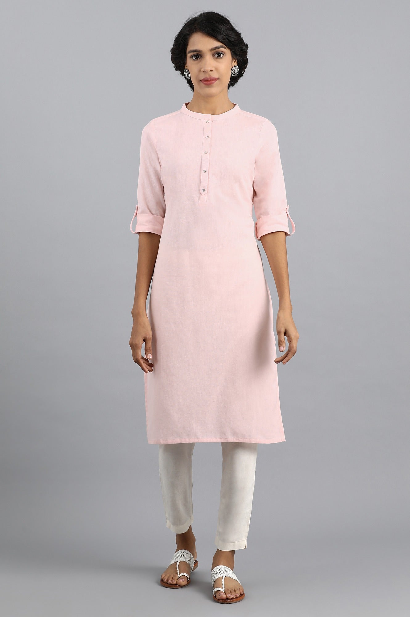 Pink Mandarin Neck Solid kurta