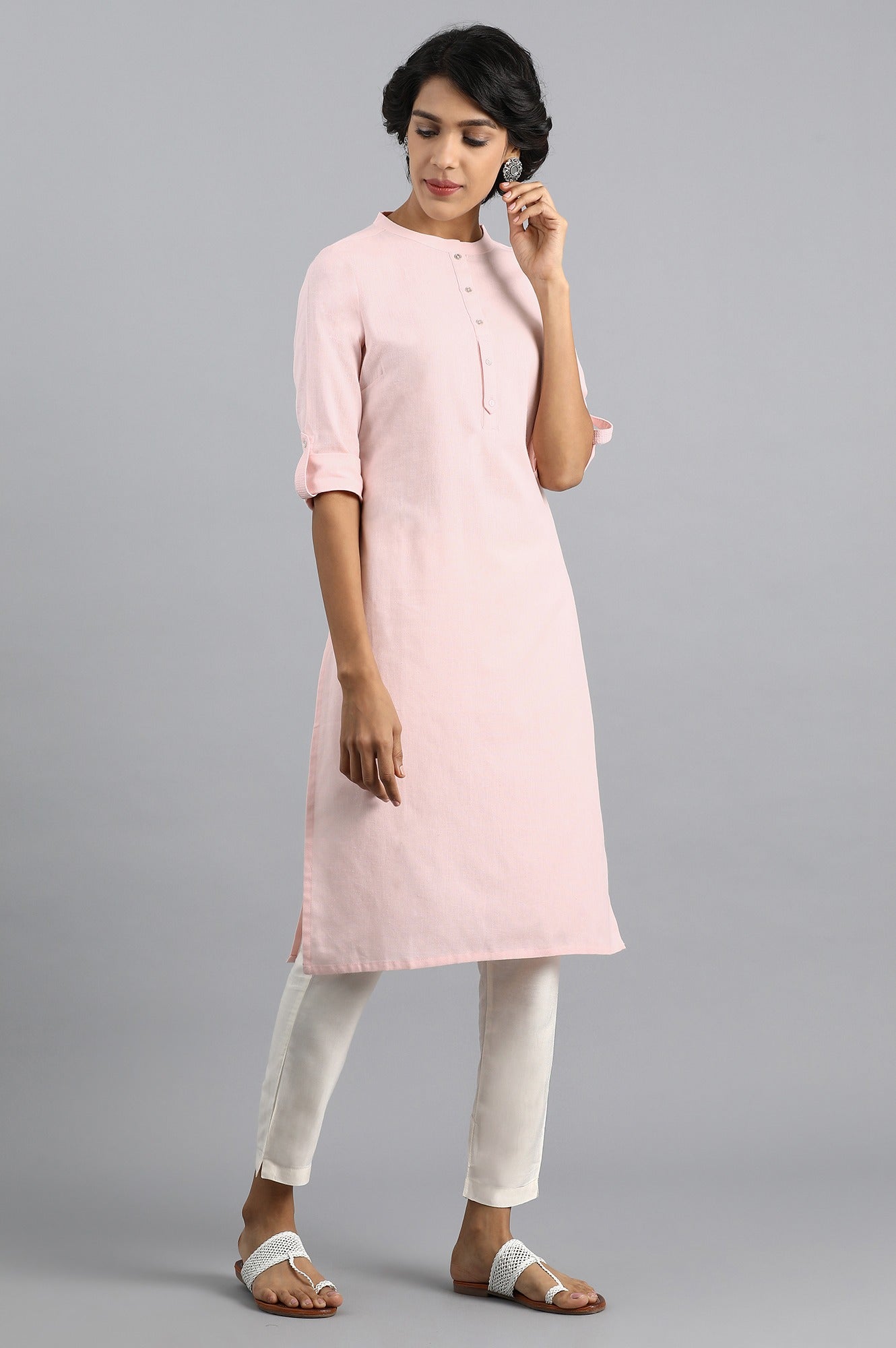 Pink Mandarin Neck Solid kurta