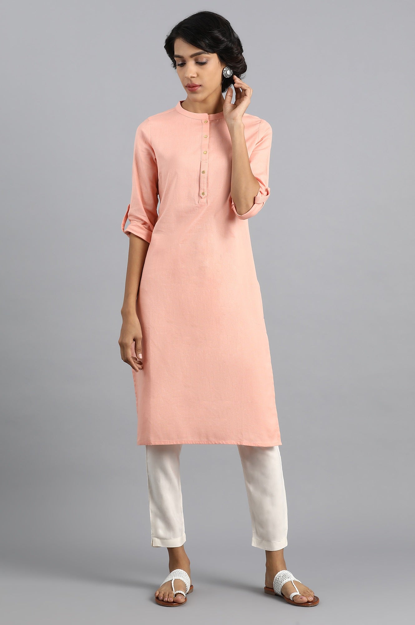 Peach Mandarin Neck Solid kurta