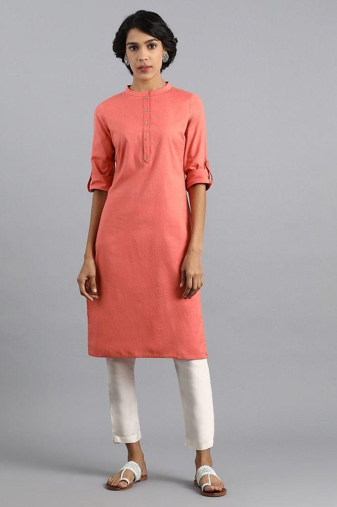 Coral Mandarin Neck Solid kurta - wforwoman