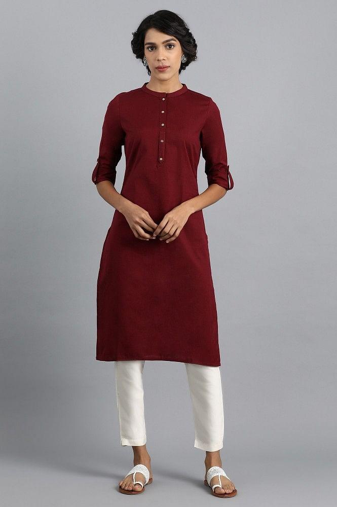 Red Mandarin Neck Solid kurta - wforwoman