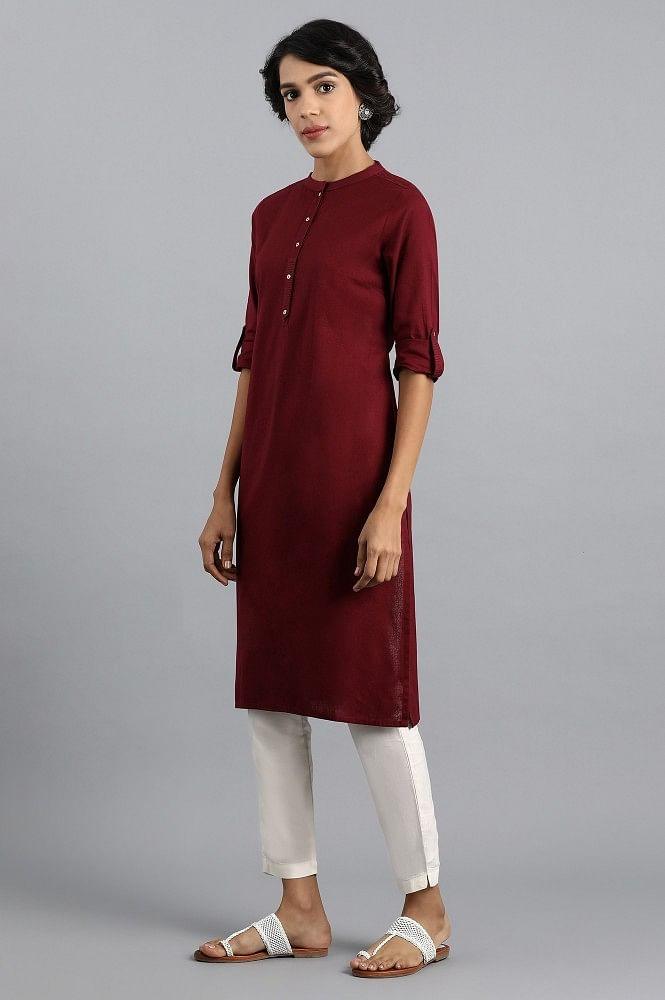 Red Mandarin Neck Solid kurta - wforwoman