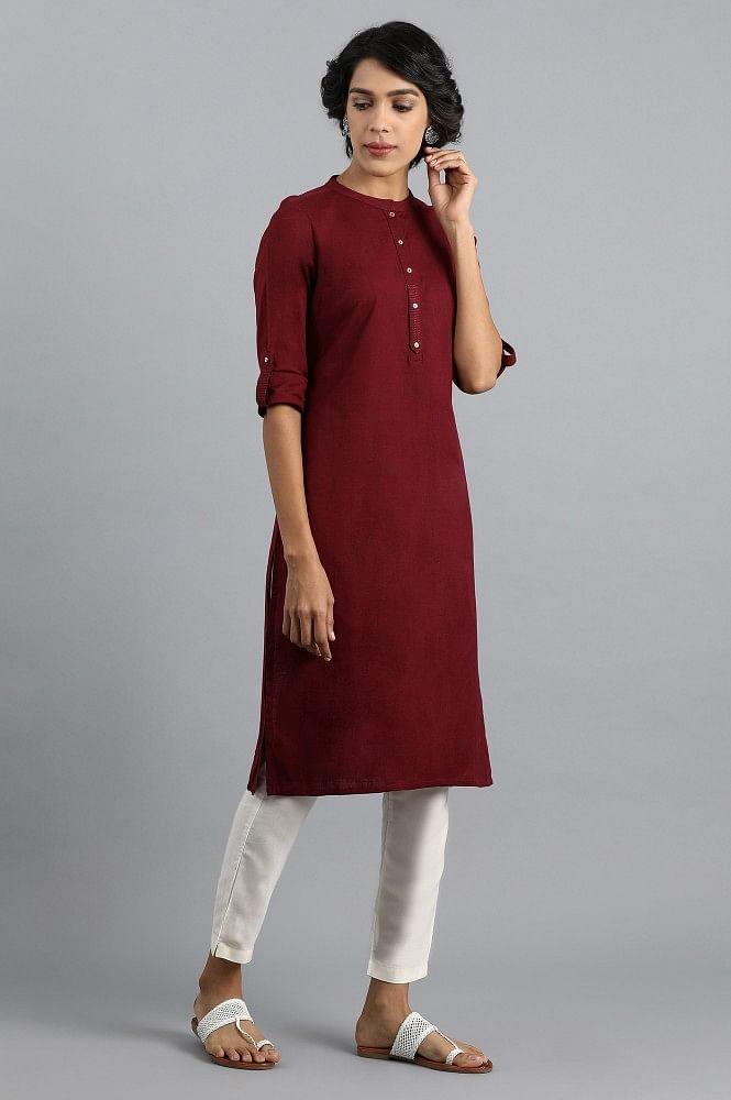 Red Mandarin Neck Solid kurta - wforwoman