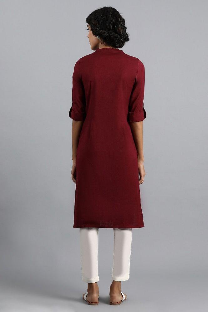 Red Mandarin Neck Solid kurta - wforwoman