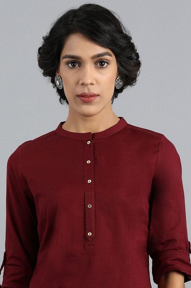 Red Mandarin Neck Solid kurta - wforwoman