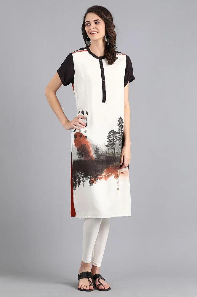 White Mandarin Neck Printed kurta - wforwoman