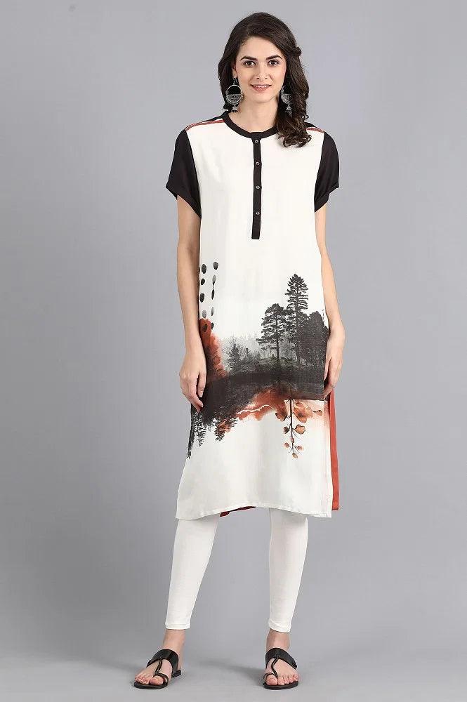 White Mandarin Neck Printed kurta - wforwoman