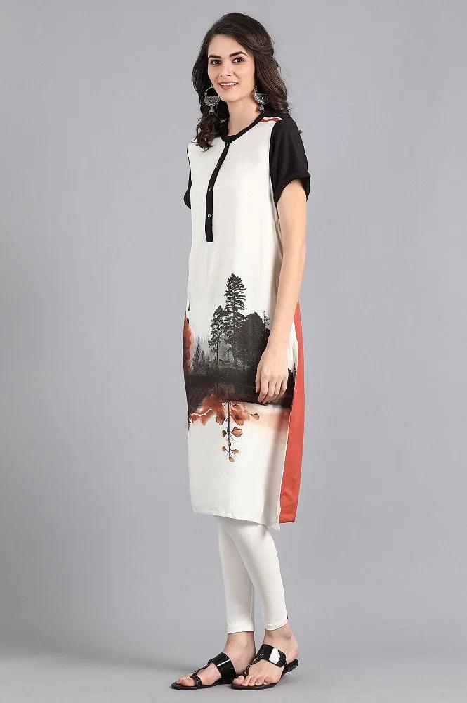 White Mandarin Neck Printed kurta - wforwoman